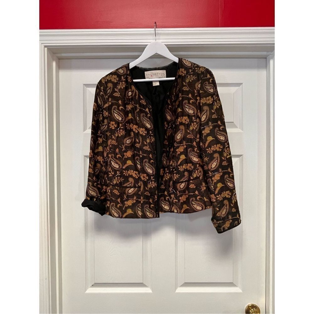 Vintage Doncaster Brown Paisley Beaded Open Front Jacket sz L